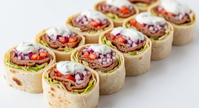 Delectable beef wrap slices arrayed on a clean white surface creating visual appetizing texture