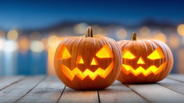 Halloween Pumpkin Carvings: Two intricately carved pumpkins, aglow with flickering candlelight, cast an eerie spell against a twilight backdrop.