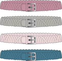 Set of four colorful ruffled belts with criss-cross design and silver buckles, a fashionable women's accessory collection