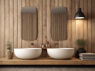 Minimalist bathroom with dual basins and wooden accents.