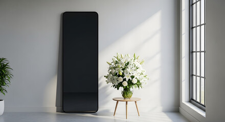 Elegant white flowers arrangement in a bright room, a mirror reflects the light creating a peaceful atmosphere, perfect for home decor promotion