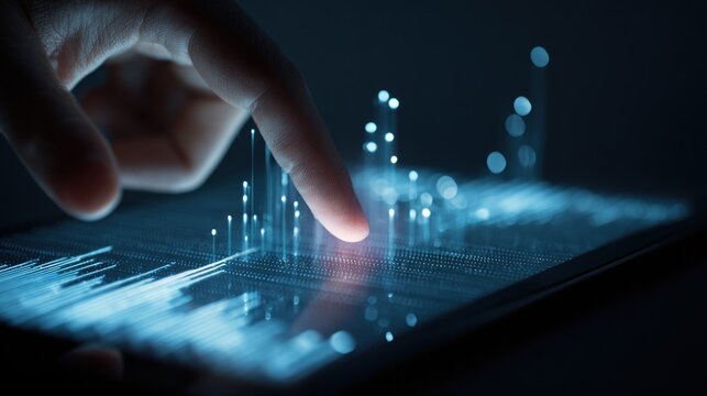 Finger touching digital tablet screen displaying data visualization