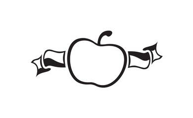 Simple black and white graphic of an apple with a ribbon wrapped around it.