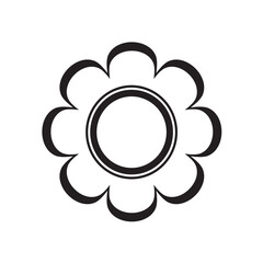 A stylized flower illustration with rounded petals and a circular center, presented in a black and white color scheme.