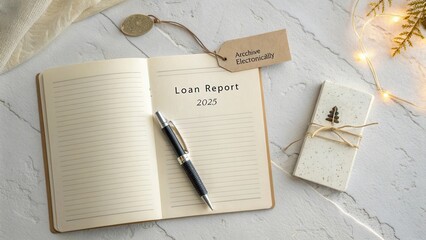 Elegant Workspace Setup Featuring Open Notebook, Pen, and Label, Perfect for Financial Planning and Documentation