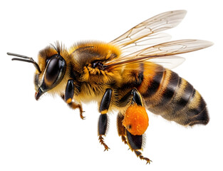 Isolated flying honey bee , a stunning bee is flying, isolated on transparent background, macro, incredible pollinator