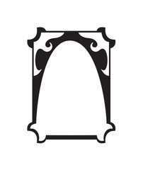 A stylized, black and white frame design with elegant curved lines and decorative flourishes.