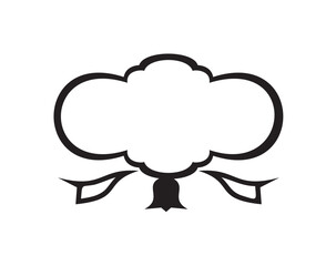 A stylized, black and white cotton boll illustration with a ribbon element below.