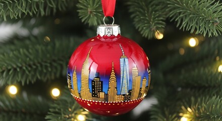 A festive red christmas ornament with a detailed cityscape design hanging on a lush green christmas tree, creating a warm and celebratory holiday atmosphere