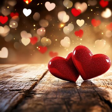 Romantic hearts celebration rustic wood background digital art warm atmosphere close-up love concept for seo impact