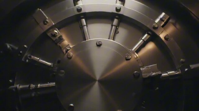 Secure vault door mechanism, intricate and robust, guarding valuable assets with advanced security features and complex engineering for ultimate protection