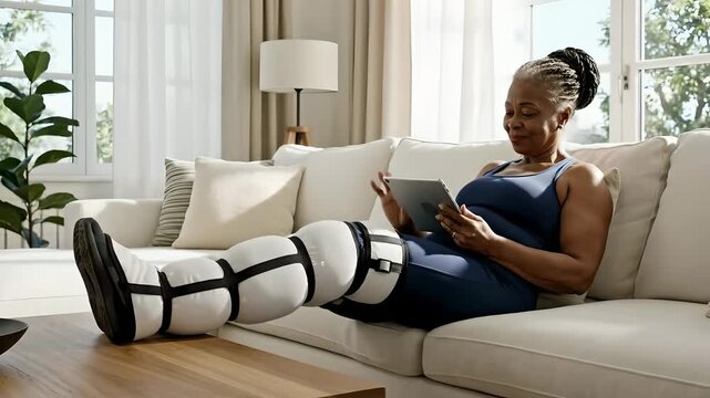 Senior Woman Using Leg Compression Boots and Tablet on Sofa