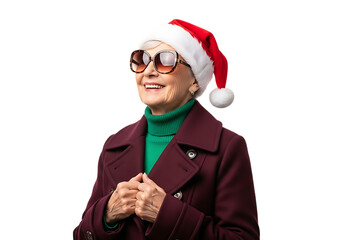 Joyful elderly woman wearing a santa hat and stylish sunglasses isolated on transparent background