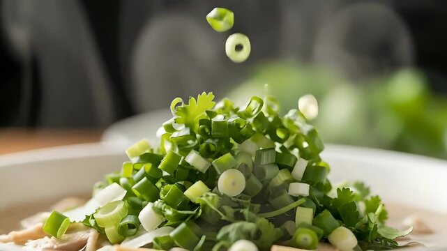 Sprinkling Chopped Green Onions on Steaming Hot Soup in Slow Motion