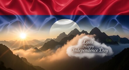 Laos Independence Day: Mountain Sunrise Under National Flag, Celebration
