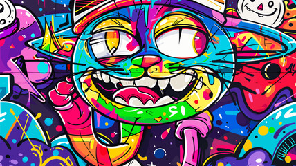 Obraz premium カラフルなグラフィティ壁画の遊ぶ猫と雪だるまのイラスト