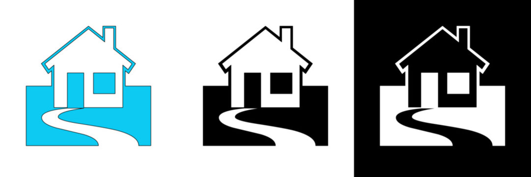 A cozy house with a curved pathway, representing home or real estate, available in color, black, and white versions. - Powered by Adobe
