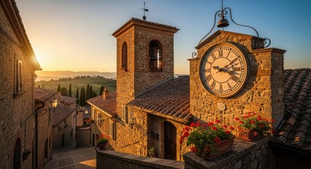 Golden hour paints ancient italian village landscape with clock tower and rolling hills