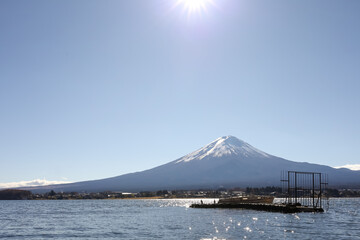 View of landscape fuji mountain in winter at Lake Kawaguchi
