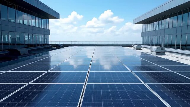 Expansive rooftop solar array efficiently harnessing sunlight to produce clean electricity, embodying a forward-thinking solar energy concept for sustainable urban development