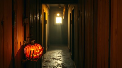 Obraz premium Jack o lantern glowing in a dark hallway with a window at the end of the corridor casting light