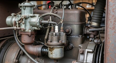 Close-up of a vintage machine engine showcasing intricate mechanical components and aged metallic