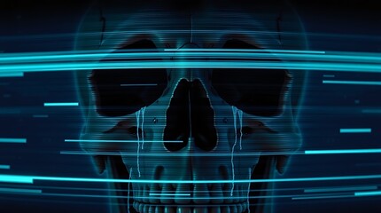 Digital skull with blue horizontal lines and tear like streaks in a dark background design effect