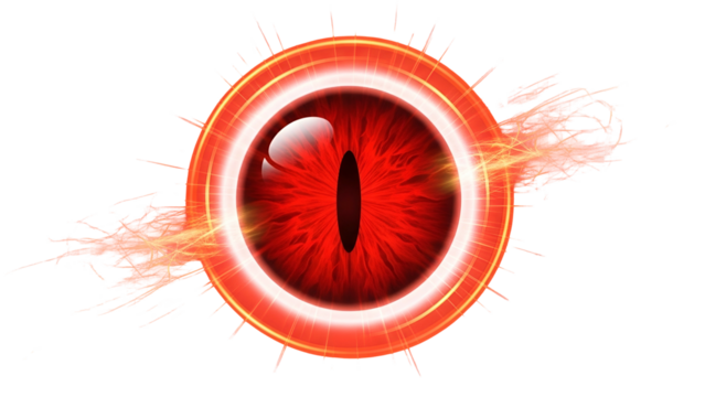 Futuristic Red Eye with Glowing Ring and Energy Sparks on Transparent Background