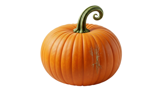 Pumpkin with Curled Green Stem and Visible Scar on Bright Orange Skin