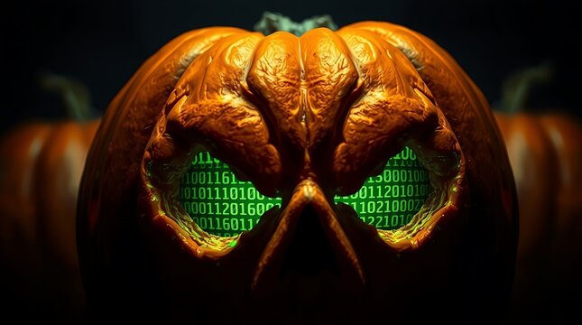 A halloween pumpkin carved with binary code eyes glowing in the dark spooky decoration - Powered by Adobe