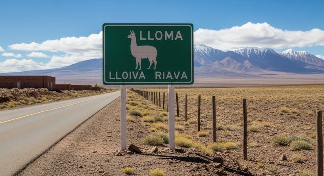 Roadside Llama Signage in the Andean Highlands on a sunny day with snow-capped mountains in the