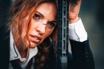 Redhead woman in a suit with a rifle. Special agent.