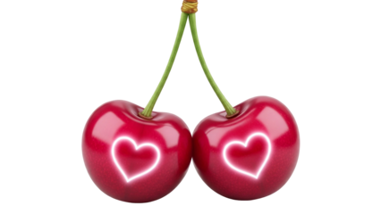 Bright Red Cherries with Neon Heart Symbols on Transparent Background for Romantic or Love Theme