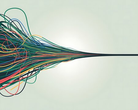 Abstract colorful tangled lines converging into a single point