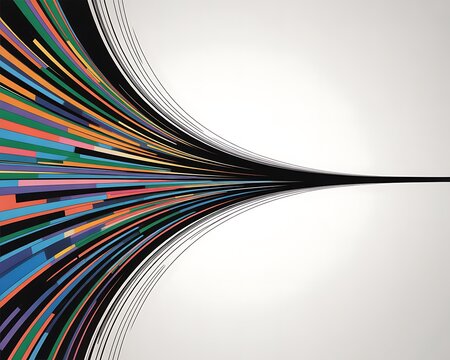 Abstract colorful lines converging to a point on a white background