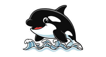 Obraz premium Happy Cartoon Orca Whale Jumping Over Ocean Waves Vector Illustration