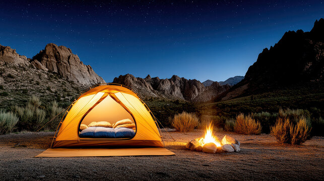 Cozy tent with sleeping bags is illuminated by warm campfire under starlit sky