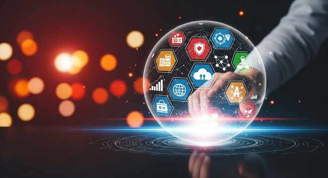A person's hand managing a digital ecosystem of services through a futuristic holographic interface with icons for security and cloud data