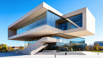 Fototapeta premium Modern building with cantilevered design, featuring large glass windows and striking facade