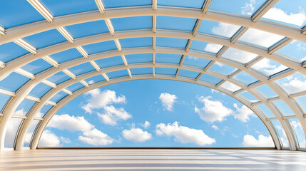 Modern structure with polygonal glass roof showcases bright blue sky and fluffy clouds