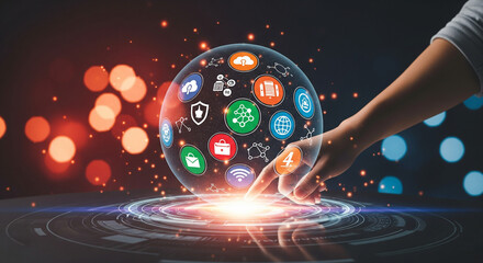 Digital marketing, banking, payment and online shopping, Businessman touching global business networking on colorful background