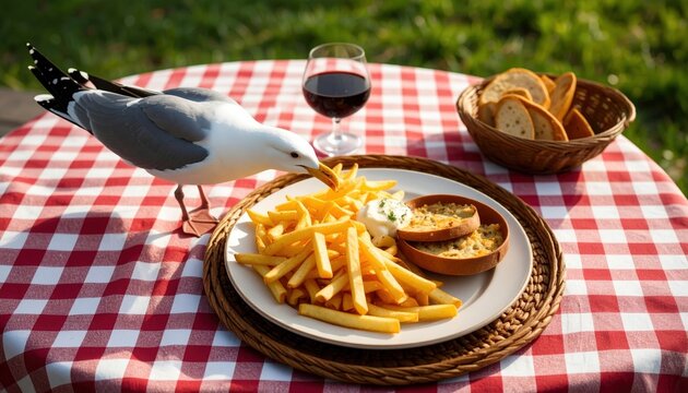Audacious seagull snatches a french fry from checkered picnic table feast