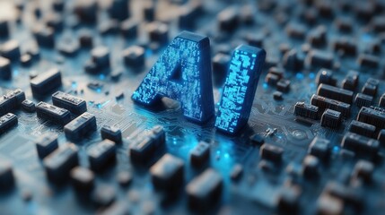 Digital Intelligence: The bold letters AI shine brightly, illuminated amidst a complex electronic circuit board.