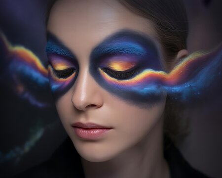 Woman with vibrant cosmicthemed makeup around her eyes