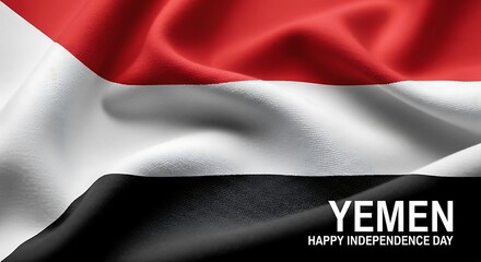 Waving Yemen Flag: Independence Day Celebration with Red, White, and Black Fabric Texture
