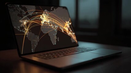 Network Connections on Display: The modern laptop showcases a globe of interwoven lines, demonstrating worldwide connectivity and the exchange of ideas and data. - Powered by Adobe