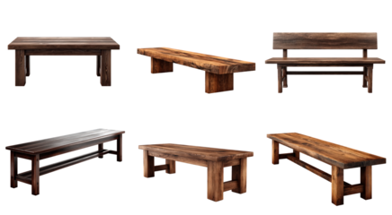 Collection of rustic wooden benches and tables, showcasing various handcrafted designs and natural textures on a clean white background, perfect for design resources