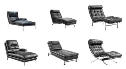 Diverse collection of sleek black leather lounge chairs and chaises, highlighting contemporary designs, luxurious finishes, and ergonomic comfort