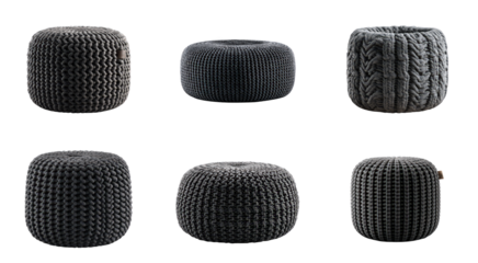 Various dark grey knitted ottomans and poufs with distinct textures. Modern home decor, comfortable seating, versatile interior design