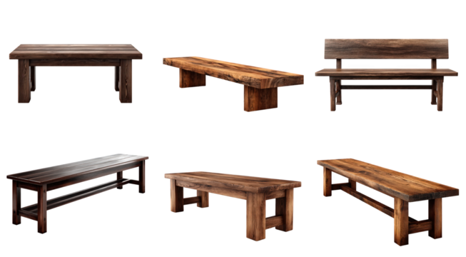 Collection of rustic wooden benches and tables, showcasing various handcrafted designs and natural textures on a clean white background, perfect for design resources
